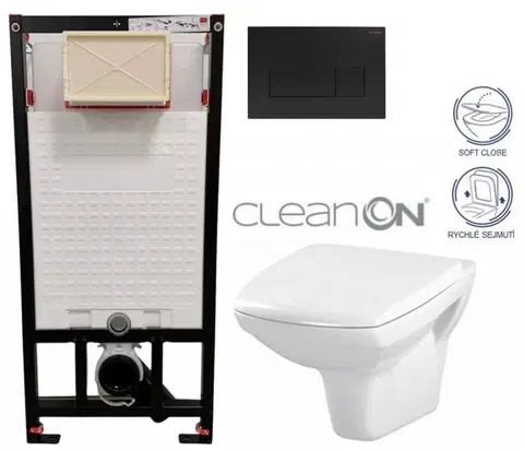 Záchody DEANTE Podstavný rám, pre závesné WC misy + SLIM tlačidlo černé + WC CERSANIT CLEANON CARINA + SEDADLO CST_WC01 N51P CA2