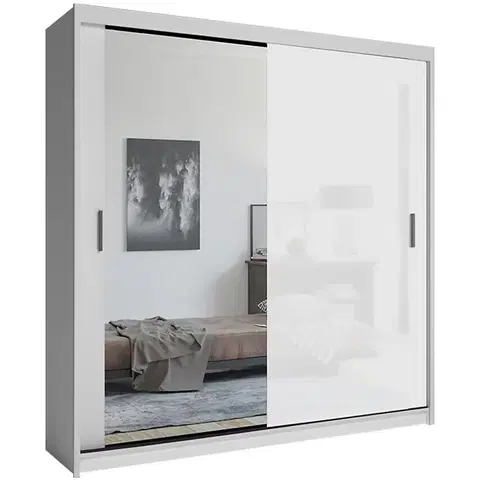 Spálňové šatníkové skrine Skriňa Lux 203 Biely + 1 x Zrkadlo  /1 x Biely Lesk