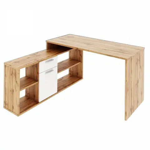Písacie a pracovné stoly KONDELA Noe New rohový písací stolík dub wotan / biela