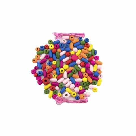 Drevené hračky Teddies Korálky drevené farebné s gumičkami, cca 900 ks, v plastovej dóze 9 x 13,5 cm