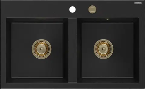 Kuchynské drezy MEXEN/S MEXEN/S - Hektor granitový drez 2-bowl 800 x 480 mm, čierna, zlatý sifón 6521802000-77-G