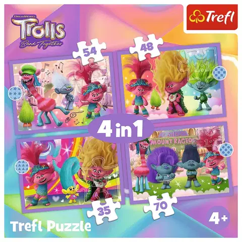 Hračky puzzle TREFL -  Puzzle 4v1 - Dobrodružstvá farebných Trollov / Universal Trolls 3 (2023)