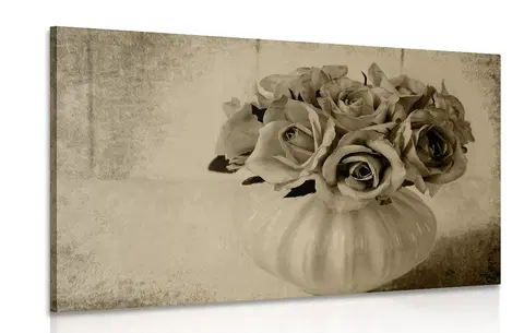 Čiernobiele obrazy Obraz ruže vo váze v sépiovom prevedení