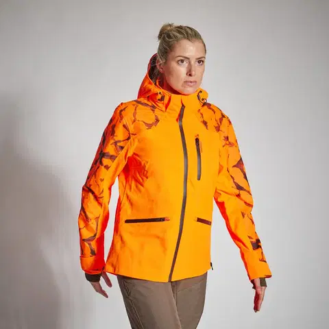 bundy a vesty Dámska poľovnícka bunda Supertrack 500 nepremokavá odolná oranžová reflexná