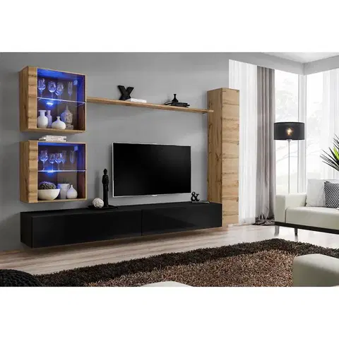 Podkrovný nábytok Obývacia stena Switch XVIII Sklo +LED Wotan/čierna