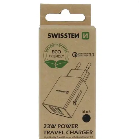 Nabíjačky pre mobilné telefóny Nabíjačka Swissten 2 x USB QC 3.0 a USB 23 W, čierna 22060200ECO