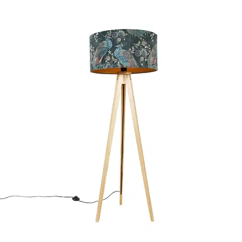 Stojace lampy Moderná stojanová lampa z dreveného textilného tienidla páv 50 cm - statív Classic
