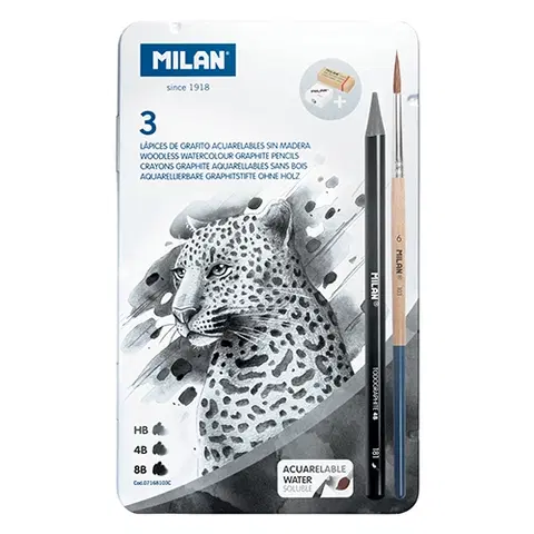 Hračky MILAN - Akvarelové ceruzky - sada 3 ks(HB/4B/8B) + 1 štetec a 2 gumy v kovovom boxe