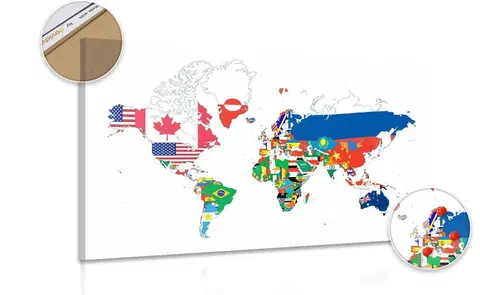 Obrazy na korku Obraz na korku mapa sveta s vlajkami s bielym pozadím