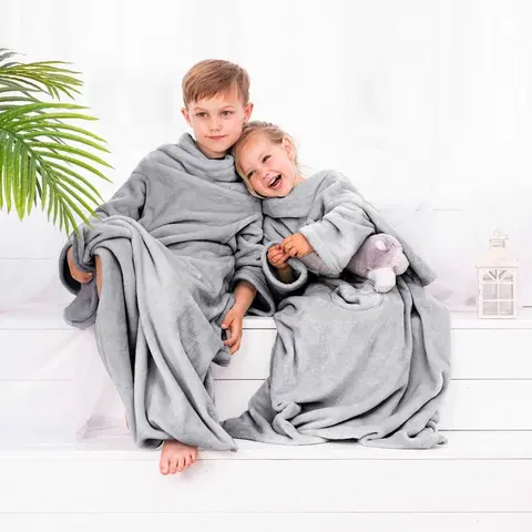 Detské deky Decoking Deka s rukávmi Lazy Kids oceľová, 90 x 105 cm
