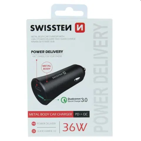 Nabíjačky pre mobilné telefóny Autonabíjačka Swissten s podporou Power Delivery USB-C + Qualcomm 3.0, 36W, matná čierna 20111660