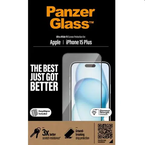 Ochranné fólie pre mobilné telefóny Ochranné sklo PanzerGlass UWF s aplikátorom pre Apple iPhone 15 Plus, čierna 2811