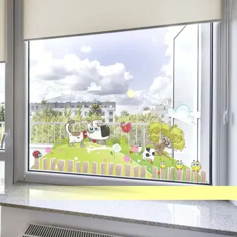 Nálepky na stenu Nálepky na okná - Detská krajina so psíkom