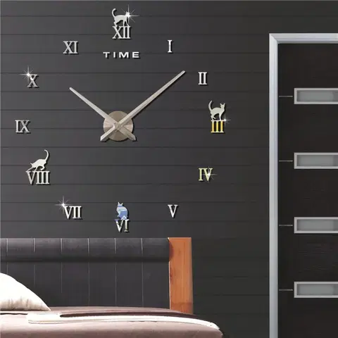 Hodiny 3D Nalepovacie hodiny DIY Clock Cat Time, strieborné 70-120cm
