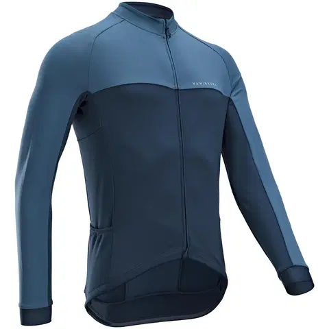 dresy Pánsky dres RC 100 na cestnú cyklistiku s dlhým rukávom sivo-modrý