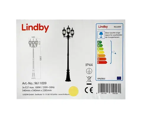 Záhradné lampy Lindby Lindby - Vonkajšia lampa 3xE27/100W/230V IP44 