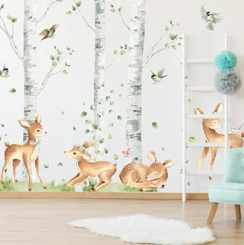 Nálepky na stenu Hravé srnky v brezovom lese - samolepky do detskej izby