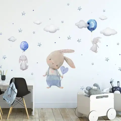 Nálepky na stenu Nálepka na stenu - Modré zajačiky s balónmi