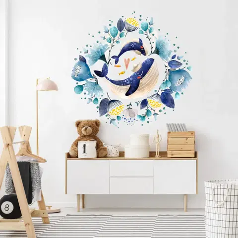 Nálepky na stenu Akvarelová nálepka na stenu - Veľrybky s kvetmi