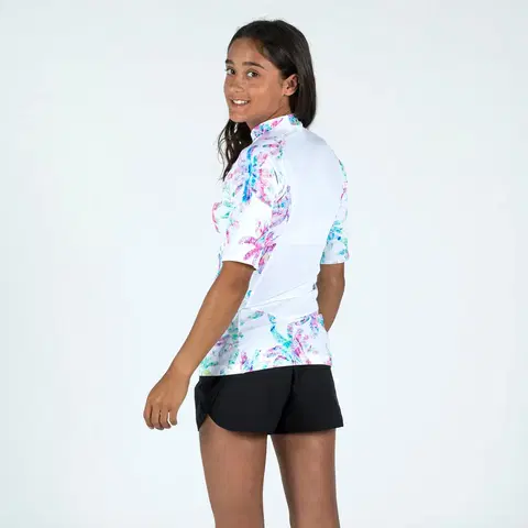 surf Dievčenské tričko 500 Palm proti UV žiareniu s krátkym rukávom na surf biele