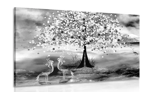 Čiernobiele obrazy Obraz volavky pod magickým stromom v čiernobielom prevedení