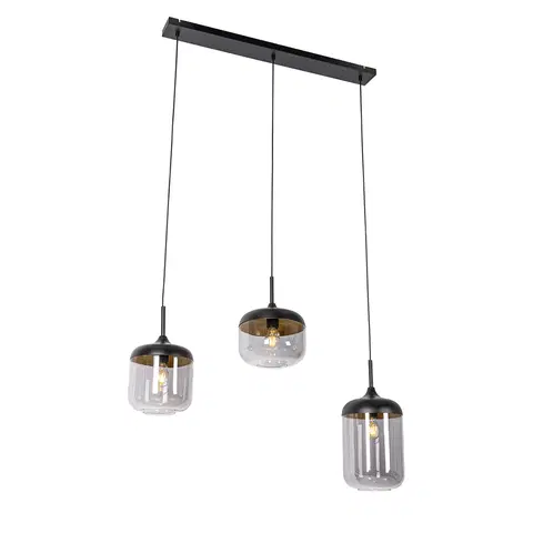 Zavesne lampy Dizajnové závesné svietidlo čierne so zlatým a dymovým sklom 3 svetiel - Kyan