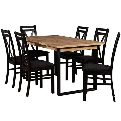 Súpravy stôl a stoličky v podkrovnom štýle Jedálenská zostava Gracja 1+6 st st42 150x85+48 +W114 wotan/cierny