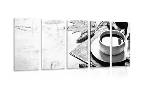 Čiernobiele obrazy 5-dielny obraz šálka kávy v jesennom nádychu v čiernobielom prevedení