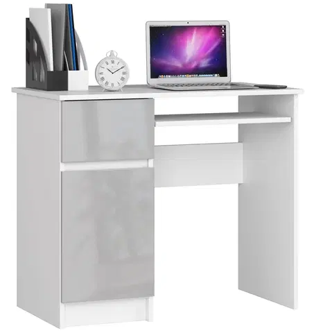 Písacie stoly Dizajnový písací stôl PIXEL90L, biely / metalický lesk