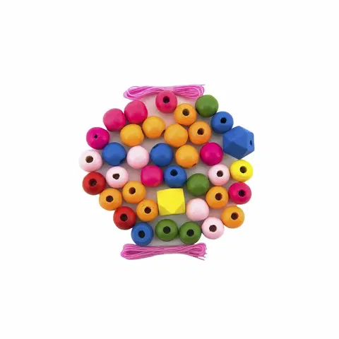 Drevené hračky Teddies Korálky drevené farebné MAXI s gumičkami, 106 ks, v plastovej dóze 9 x 13 cm