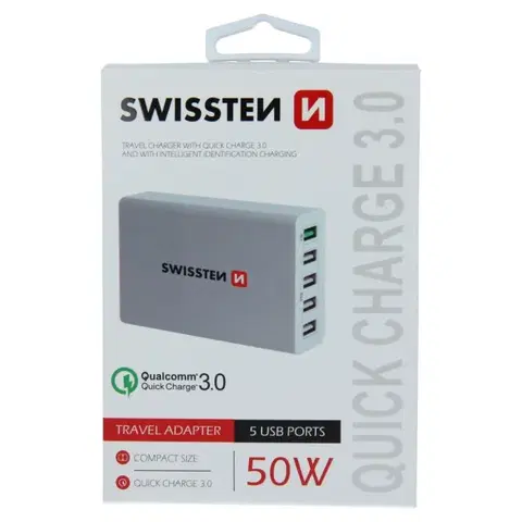 Nabíjačky pre mobilné telefóny Rýchlonabíjačka Swissten Smart IC 50W s podporou QuickCharge 3.0 a 5 USB konektormi, biela 22013306