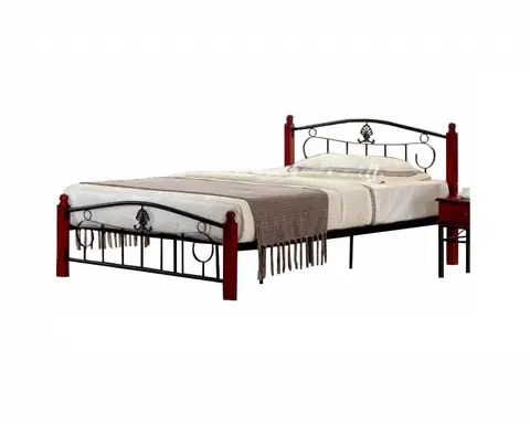 Postele KONDELA Magenta 140 kovová manželská posteľ s roštom čierna / tmavý dub