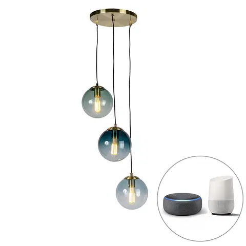 Zavesne lampy Inteligentná mosadzná lampa vrátane 3 WiFi ST64 s modrým sklom - Pallon