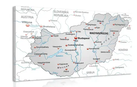 Obrazy mapy Obraz šedá mapa Maďarska s kontrastom