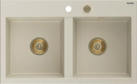Kuchynské drezy MEXEN/S MEXEN/S - Hektor granitový drez 2-bowl 800 x 480 mm, béžová, zlatý sifón 6521802000-69-G