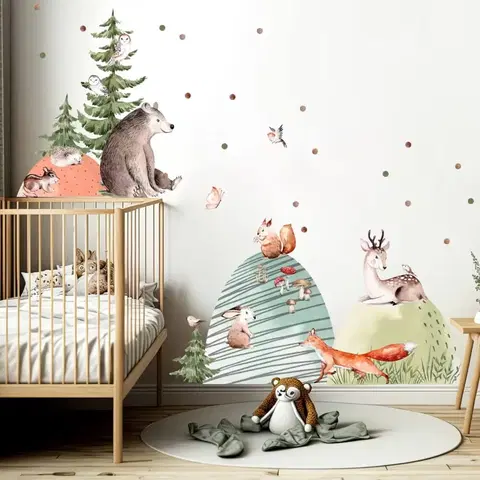Nálepky na stenu Nálepky do detskej izby - Lesné zvieratká a kopce