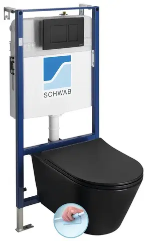 Záchody SAPHO - Závesné WC AVVA Rimless s podomietkovou nádržkou a tlačidlom Schwab, čierna mat 100314-110-SET5