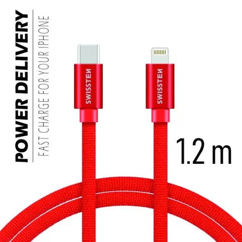 USB káble Dátový kábel Swissten textilný s USB-C, Lightning konektormi a podporou rýchlonabíjania, červený 71525206