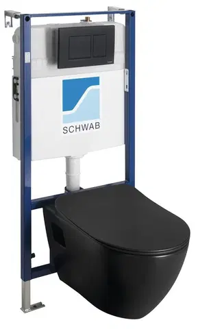 Záchody SAPHO - Závesné WC PAULA s podomietkovou nádržkou a tlačidlom Schwab, čierna mat TP325-51SM-SET5