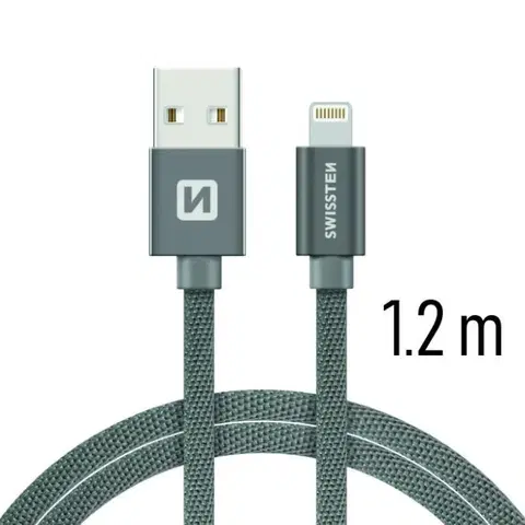 USB káble Dátový kábel Swissten textilný s Lightning konektorom a podporou rýchlonabíjania, sivý 71523202