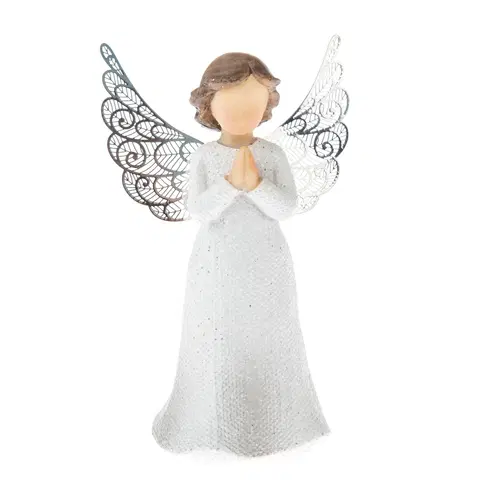 Vianočné dekorácie Polyresinový anjel s kovovými krídlami biela, 12 x 7 cm