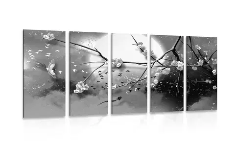 Čiernobiele obrazy 5-dielny obraz konáre stromu za splnu mesiaca v čiernobielom prevedení
