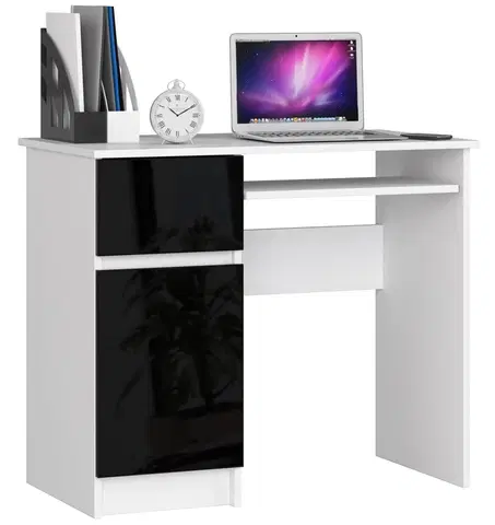 Písacie stoly Dizajnový písací stôl PIXEL90L, biely / čierny lesk