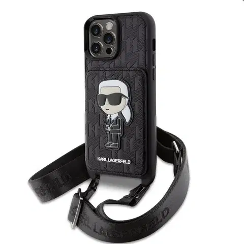 Puzdrá na mobilné telefóny Zadný kryt Karl Lagerfeld Saffiano Monogram Crossbody Ikonik NFT s popruhom pre iPhone 14 Pro Max, čierna 57983116320