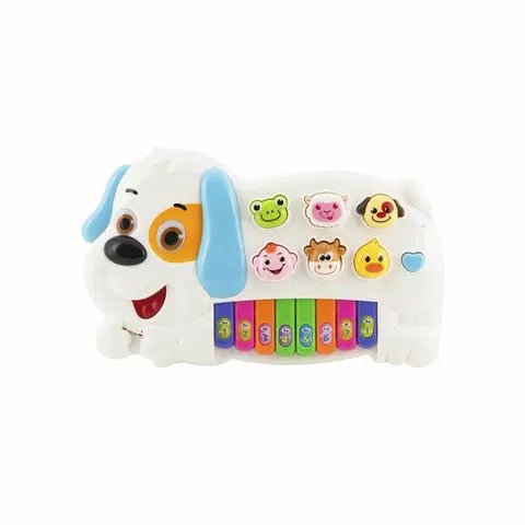 Drevené hračky Teddies Pianko psík so zvieratkami so zvukom a svetlom, 28 cm, na batérie