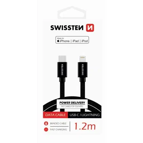 USB káble Dátový kábel Swissten textilný USB-C  Lightning MFi 1,2 M a s podporou rýchlonabíjania, čierny 71526201