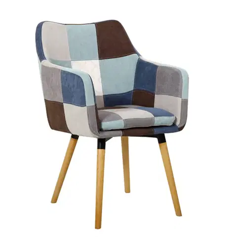 Stoličky Kreslo, modrá/béžová vzor patchwork/buk, LANDOR
