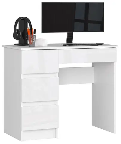 Písacie stoly Dizajnový písací stôl ZEUS90L, biely / biely lesk