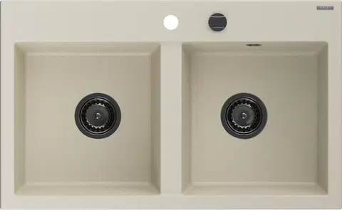Kuchynské drezy MEXEN/S MEXEN/S - Hektor granitový drez 2-bowl 800 x 480 mm, béžová, čierny sifón 6521802000-69-B