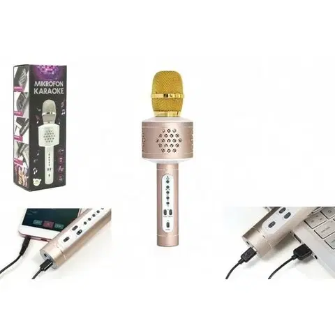 Detské hudobné hračky a nástroje Teddies Mikrofón karaoke Bluetooth, zlatá, na batérie, s USB káblom